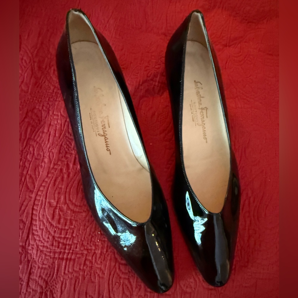 Salvatore Ferragamo Black Patent Leather Low Heels